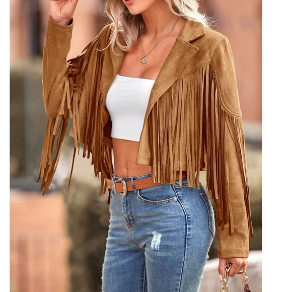 Western Vegan Suede Open Front Fringe Moto Biker Jacket - Picture 3 of 11